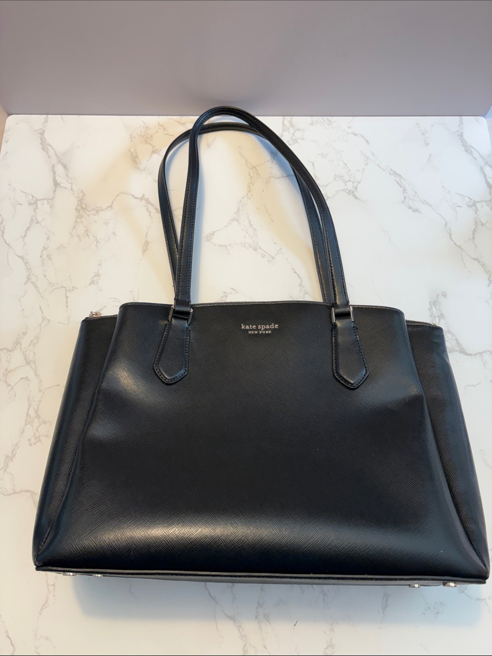 kate spade Black Leather purse bag  “booked large work tote bag” style Pxr00332